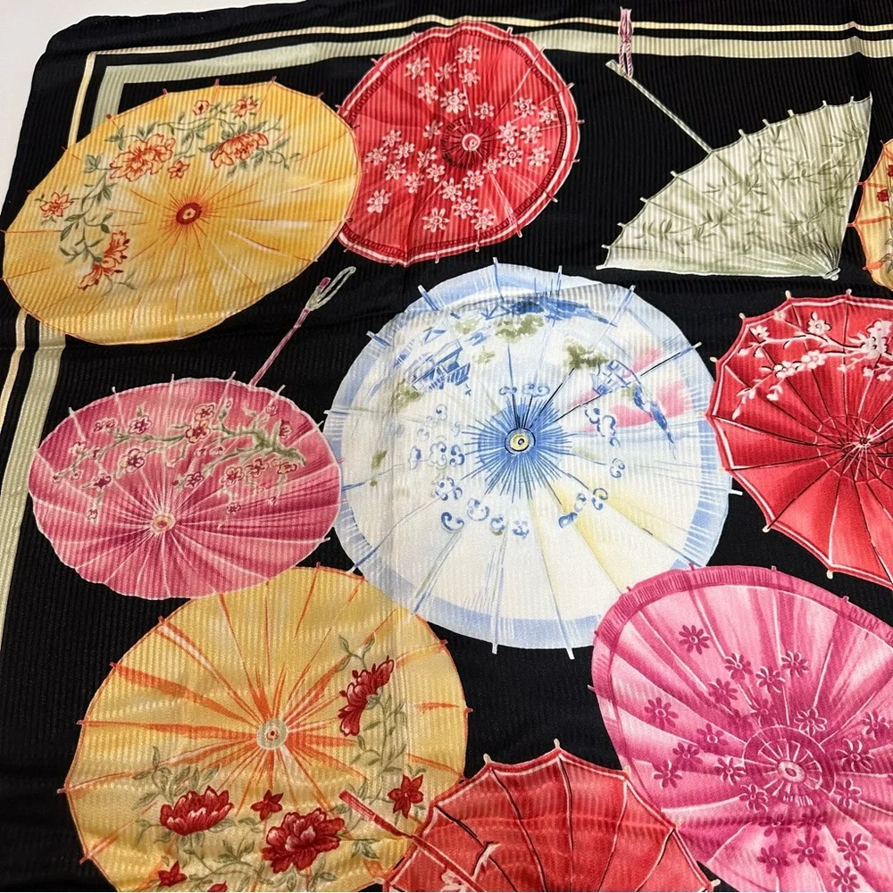 Talbots 100% Silk Scarf – Black with Multi-Colored Floral Parasols, Like New